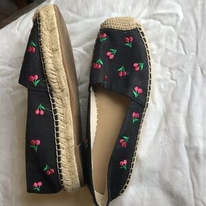 ANN Taylor embroidered fruit black Cherry linen blend espadrilles.